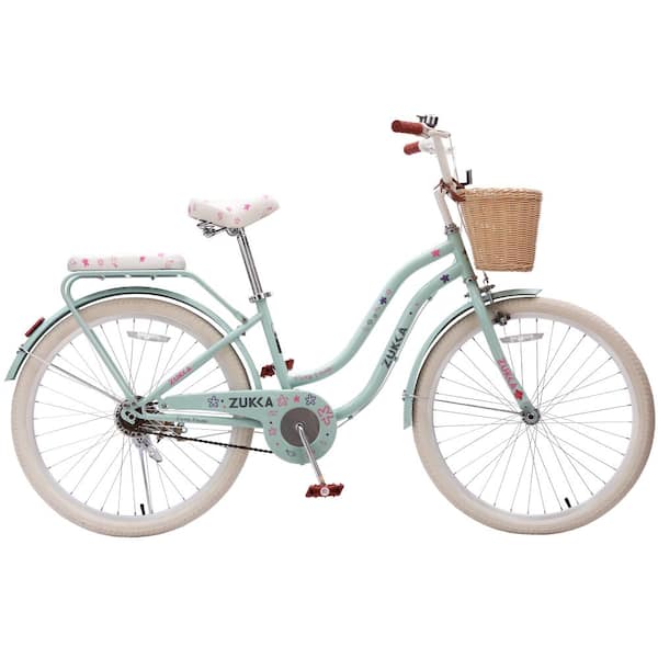 24 Inch Single Speed Green High Carbon Steel Frame Girls Cruiser Bike with Wicker Basket and Rear Rack