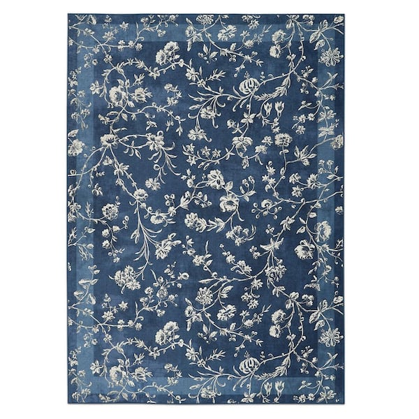 Aria Floral Chenille Dark Navy 5 ft. x 7 ft. Polyester Runner Rug