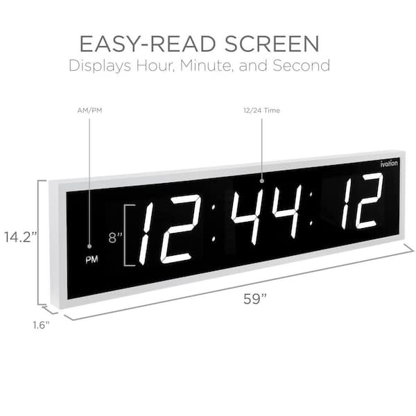 60 in. White Large Digital Wall Clock, LED Wall Clock with Stopwatch, Alarms, Timer and More