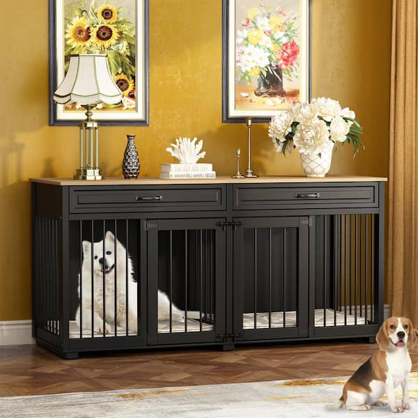 FUFU&GAGA Wooden Indoor Dog Kennel Furniture, Large Dog Crate Cage with 2 Drawers and Divider for Medium or 2 Small Dogs, Black