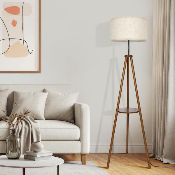 BICIK 61 in. Walnut 1-Light Dimmable Tripod Floor Lamp for Living
