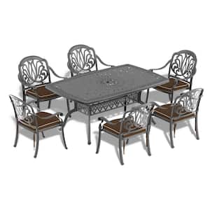 Elizabeth 7-Piece Cast Aluminum Outdoor Dining Set with 63.78 in. x 40.16 in. Rectangular Table and Random Color Cushion