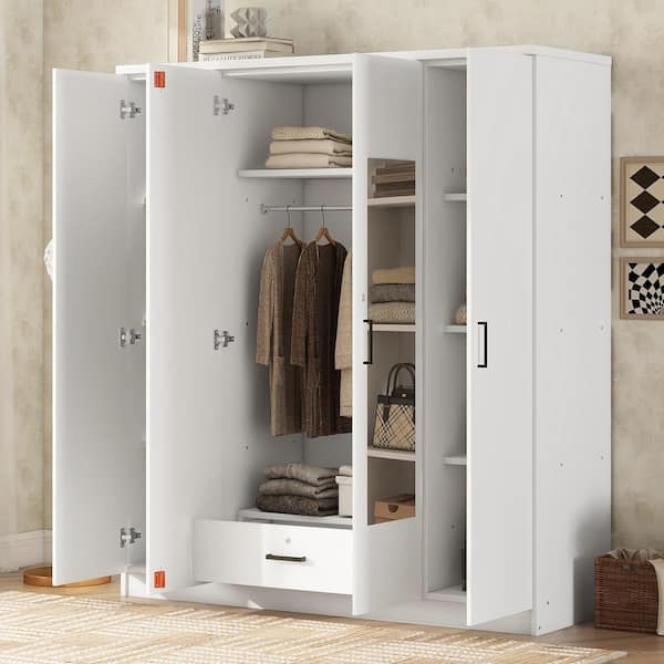White Wood 59.2 in. 4-Door Wardrobe with Shelves Drawer and Mirror