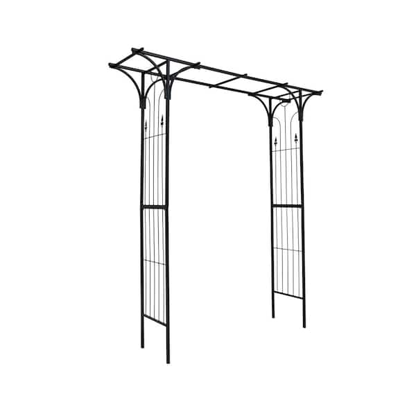 86.61 in. x 81.49 in. Black Metal Garden Arch Arbor Trellis with Double Doors, Powder Coated Finish for Climbing Plants