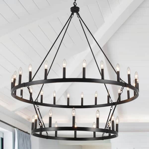 ADSENSTY 47.24 in. 36-Light Black Farmhouse Wagon Wheel Chandelier 2 Tier Large Round Industrial Pendant Light