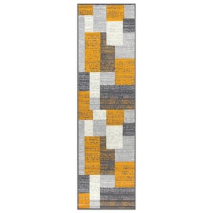 Contemporary Distressed Boxes Mustard 2 ft. x 7 ft. Area Rug
