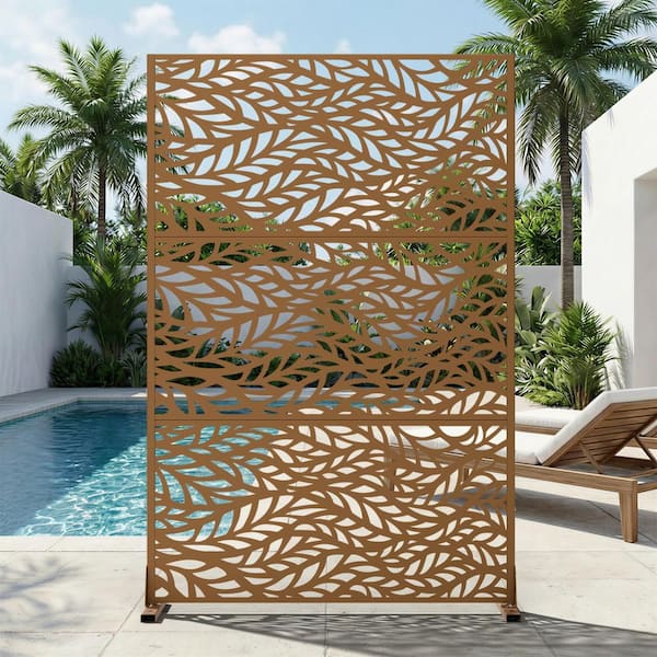 47 in. W x 72 in. H Brown Galvanized Steel Freestanding Wavy Leaf Cut Garden Privacy Screen (1-Pack)