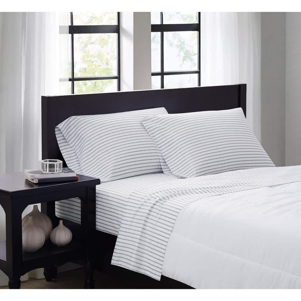 Twin White and Grey Pinstripe Microfiber Sheet Set