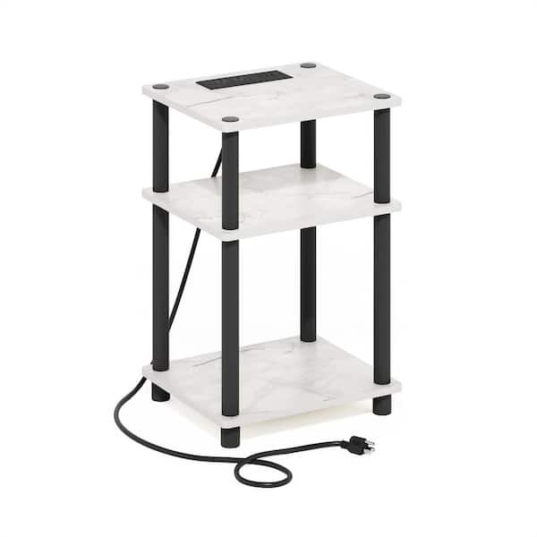 Furinno Just 13.39 in. Marble White/Black Rectangle Wood End Table with Charging Port