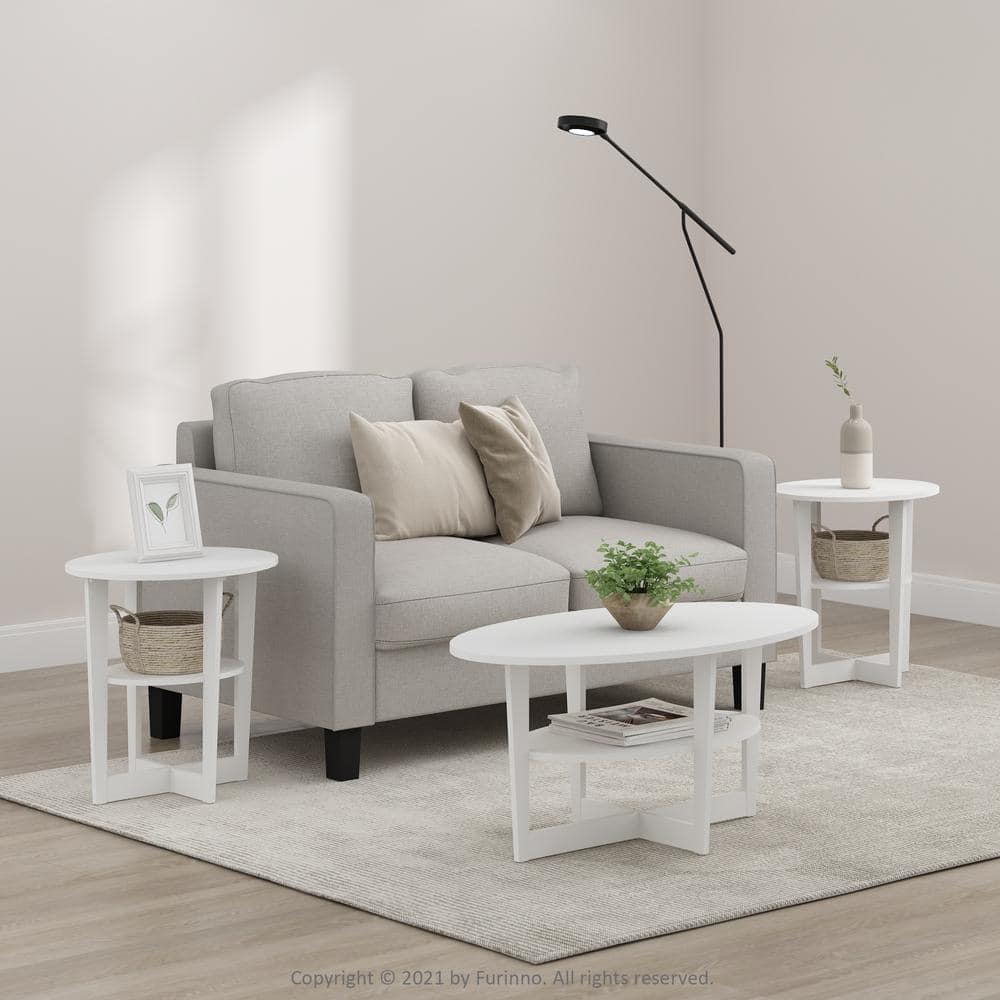 Furinno White Oval End Tables with Shelves, Set of Two
