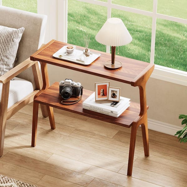 Kerlin 27. 56 in. Natural Wood Rectangle All Solid Wood Side Table, Minimalist End Table with Shelves for Living Room