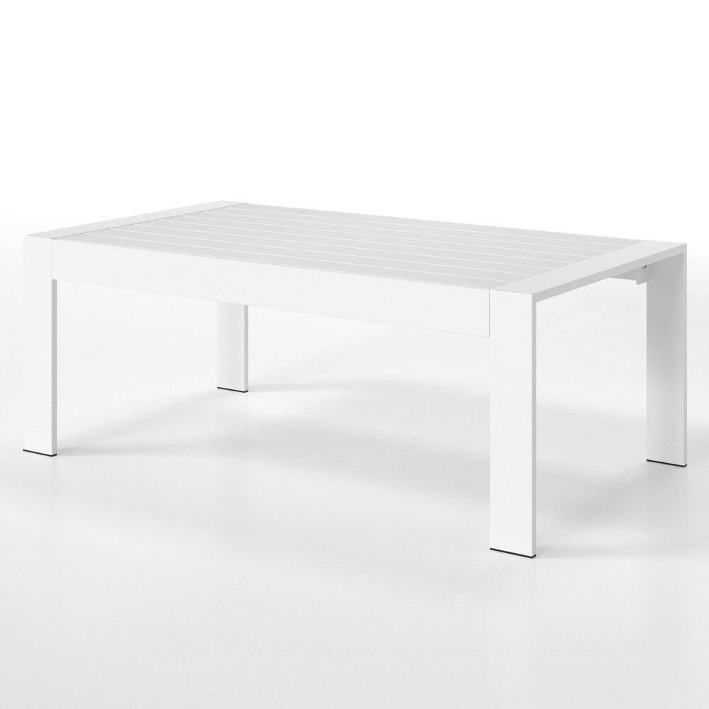 White rectangular aluminum outdoor coffee table on a white background.