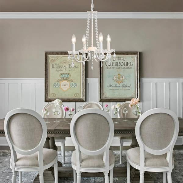 4-Light White Candle Style Chandelier with Crystal Accents for Living Room Bedroom