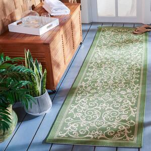 Courtyard Olive/Natural 2 ft. x 8 ft. Border Scroll Floral Indoor/Outdoor Patio  Runner Rug