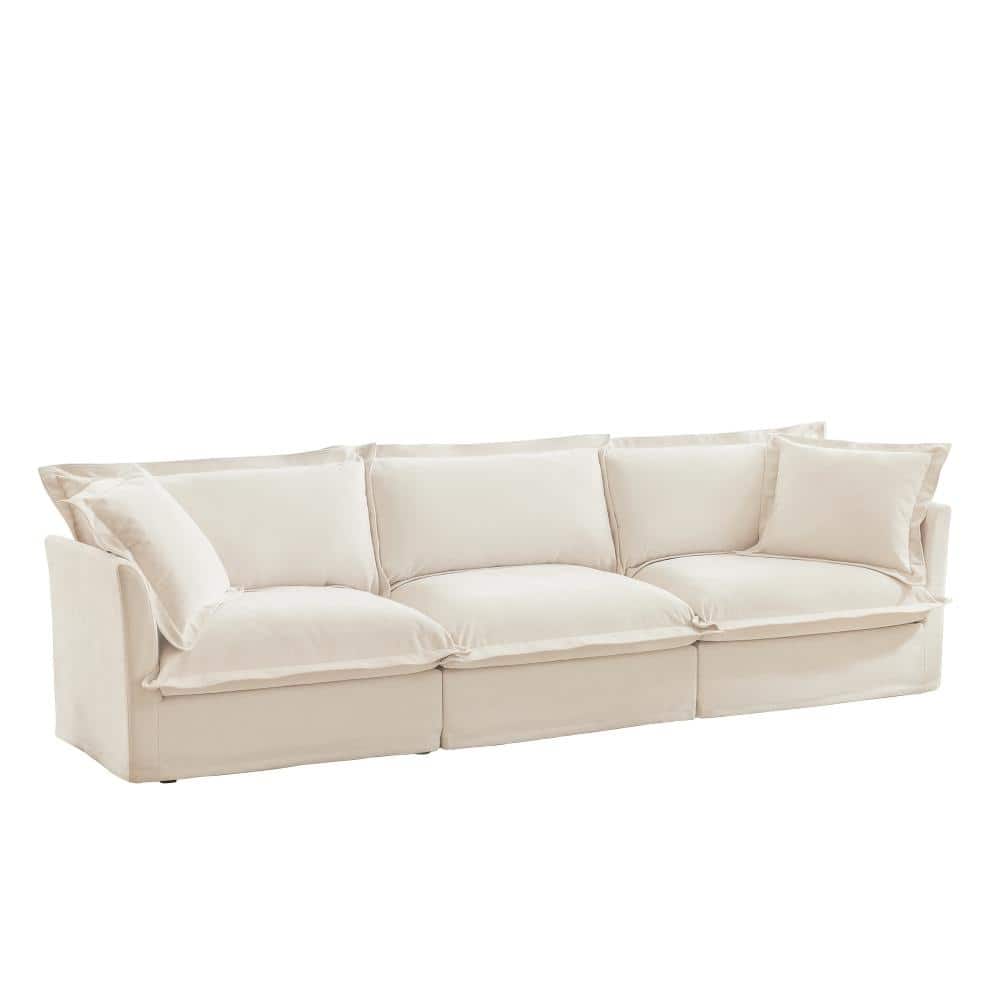 87 in. Suppleness Armrest 3-piece Chenille Deep Seat with Pillows Sectional Sofa in Cream durable construction