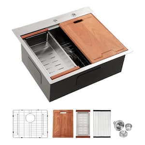 25 in. Drop-In Single Bowl 16 Gauge Brushed Nickel Stainless Steel Kitchen Sink with Workstation