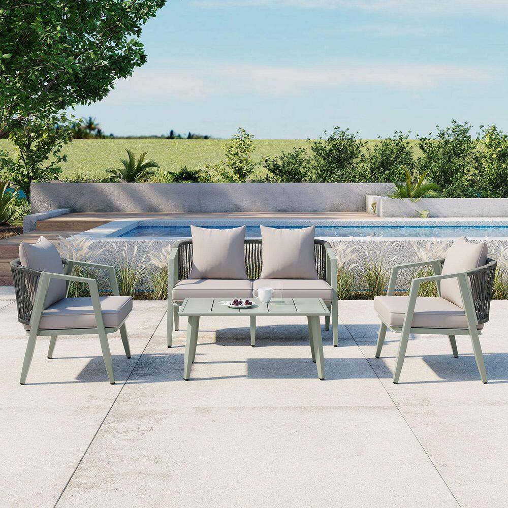 Outdoor Green Frame Seating Set with Light Gray Cushions, Iron Table price history on PriceWatchPro