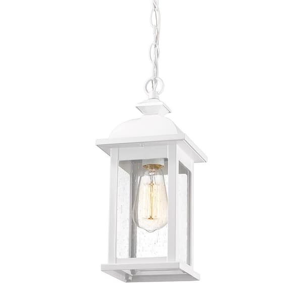 JAZAVA 19 in. 1-Light White Metal Outdoor Pendant Light with Seeded Glass and Adjustable