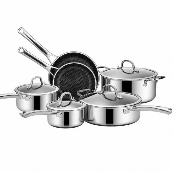 10-Pack Hybrid Stainless Steel Pots and Pans Set with Non Stick Frying Pans, Saucepans, Saute Pan and Stock Pot