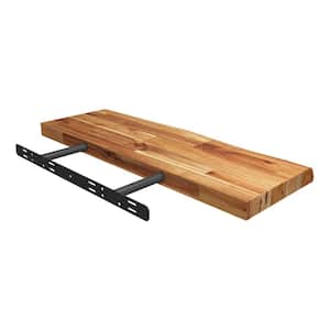 Solid 2.3 ft. L x 10 in. D x 1.5 in. T, Acacia Butcher Block Countertop Floating Wall Shelf, Golden Teak with Live Edge