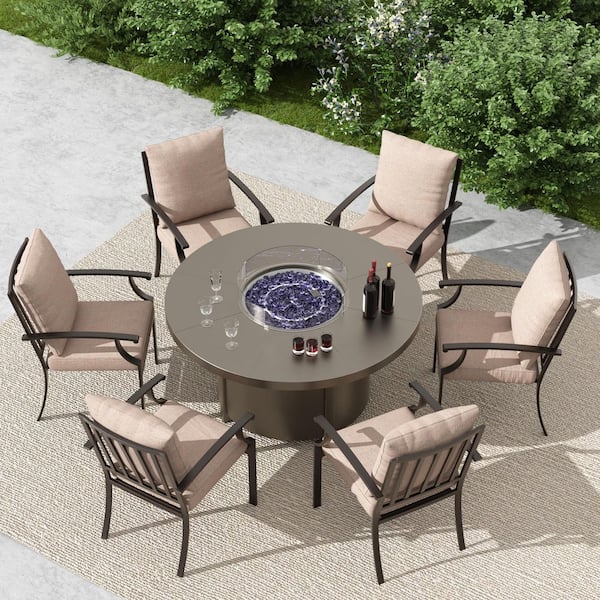 7-Piece Metal Outdoor Dining Set with 6 Chairs, Round Fire Pit Table, Waterproof and Non-Slip Sand Cushions, Patio, Lawn