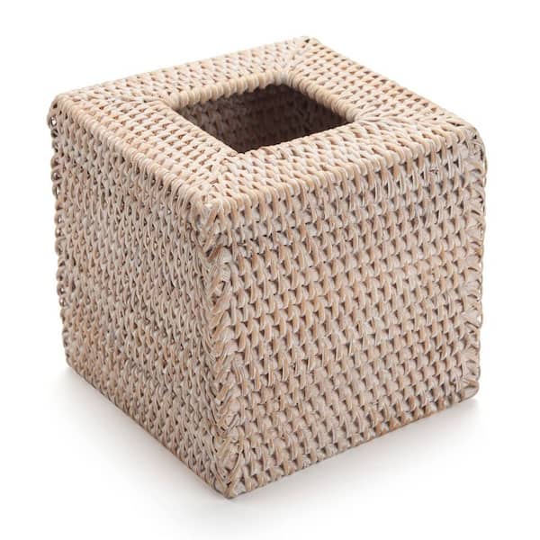 Tissue Box Cover with Natural Woven Rattan, Open Bottom for Easy Loading, Rustic Decor, and Square Shape in White