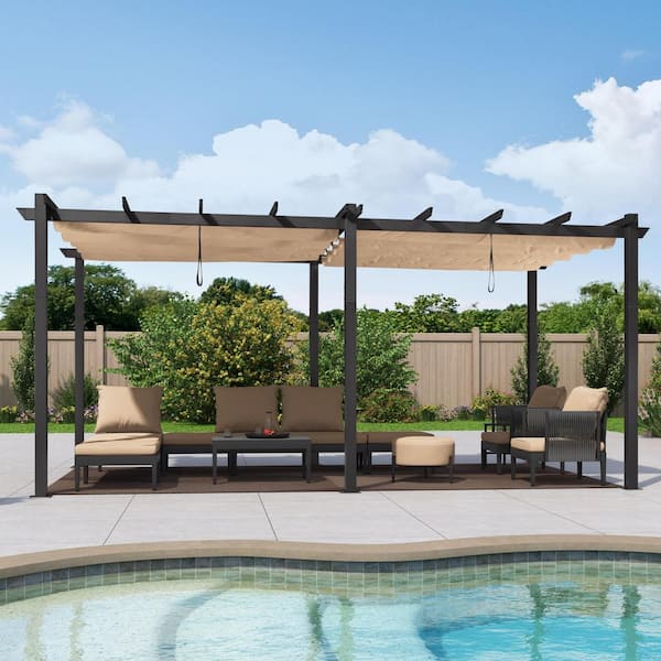 10 ft. W x 18 ft. D Modern Gray Aluminum Pergola with Two Individual Adjustable Khaki UV Resistant Sun Shelter Canopies