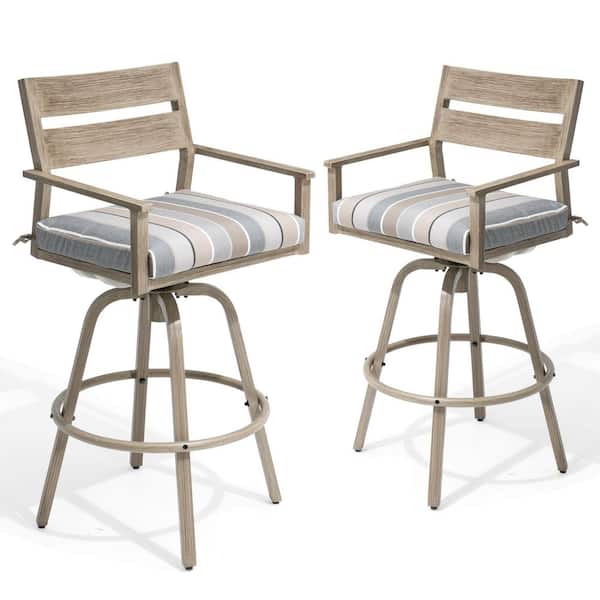 Swivel Aluminum Wood Grain Frame Outdoor Bar Stool with Char Sunbrella Cushions (2-Pack)