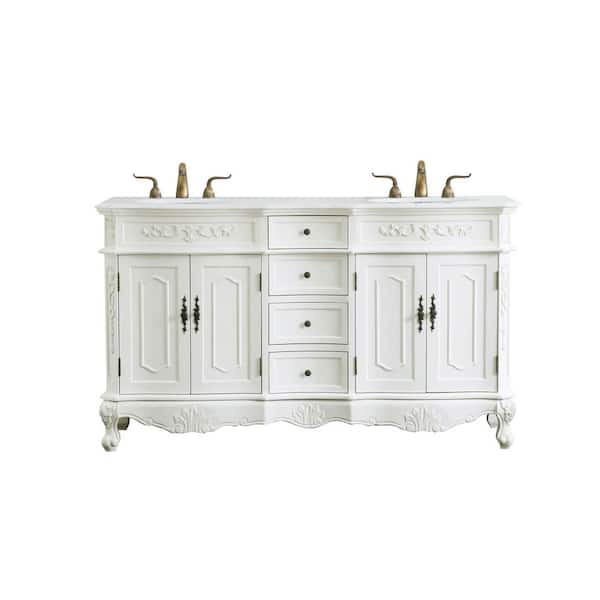 Unbranded Simply Living 60 in. W x 21 in. D x 36 in. H Double Sink Bath Vanity in Antique White with Ivory White Engineered Marble