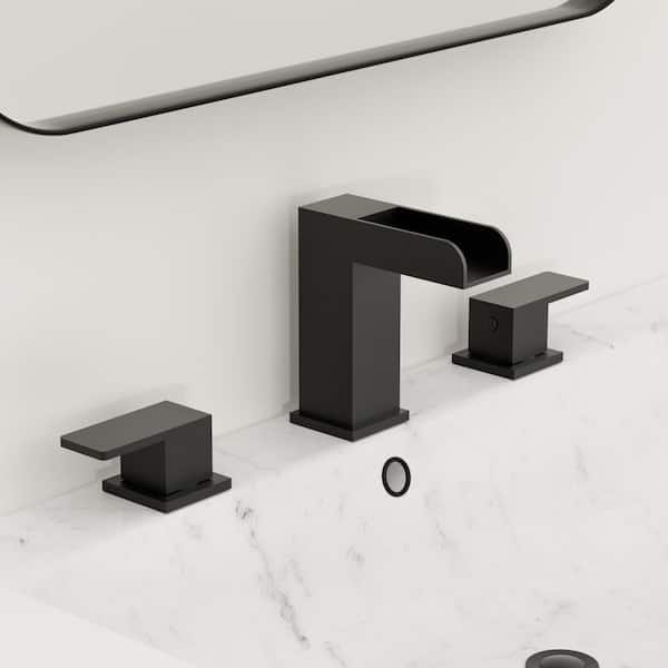 8 in. Widespread Double Handle Bathroom Faucet with Waterfall Spout in Matte Black (Valve Included)