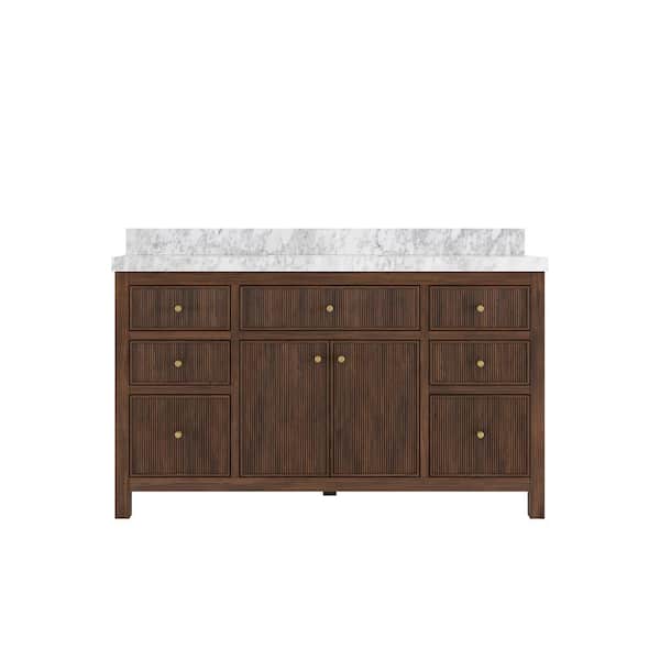 Willow Collections Sonoma Teak 60 in. Single Sink Freestanding Dark Walnut Bath Vanity with Carrara Marble Top Unassembled