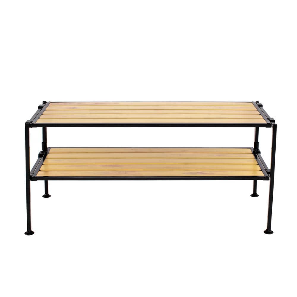 28'' Black Metal and Woodgrain 2-Tier Stackable Shoe Rack