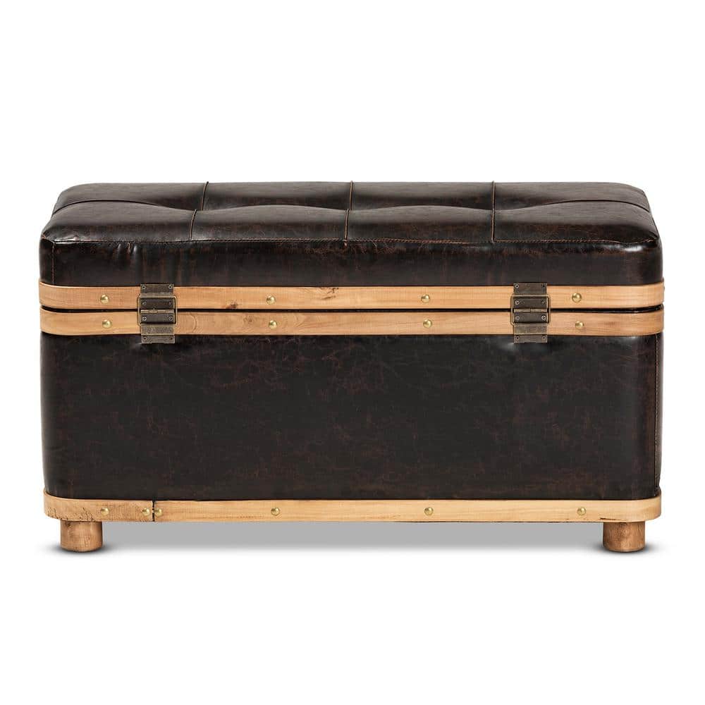 Dark Brown Faux Leather Tufted Storage Footstool with Oak Wood Bands