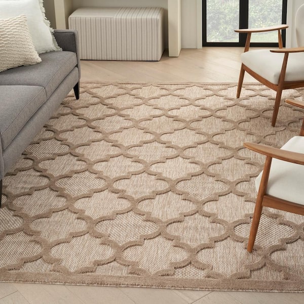 Easy Care Natural Beige 8 ft. x 10 ft. Geometric Contemporary Indoor Outdoor Area Rug