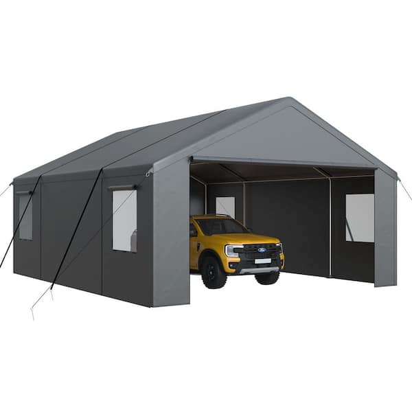 20 ft. W x 20 ft. D Heavy-Duty Carport Canopy with Reinforced Base, Side Door for Trucks and Boats, Black