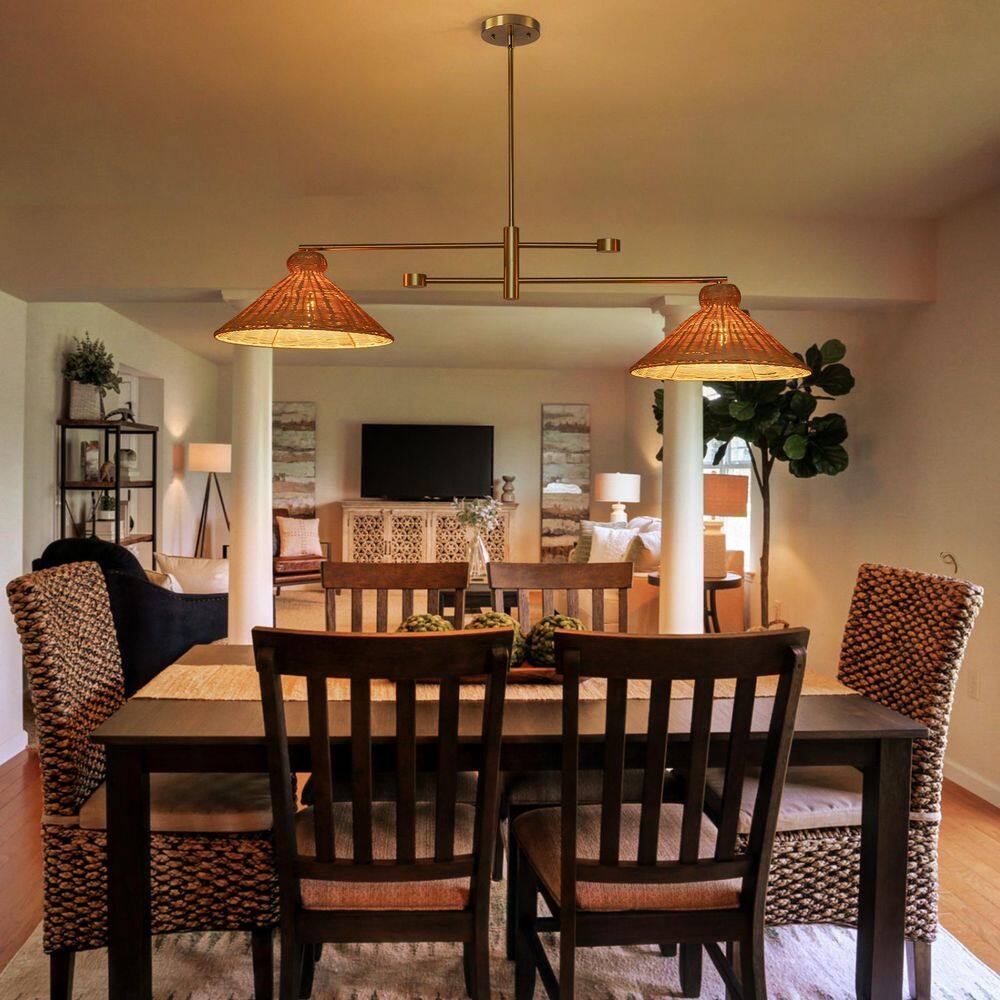 Bullard 59 in. 2-Light Brass Farmhouse Linear Island Chandelier with Cone Natural Ratten Shades price history on PriceWatchPro