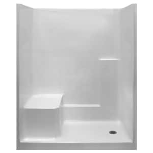 Standard 33 in. x 60 in. x 77 in. 1-Piece Low Threshold Shower Stall in White with LHS Molded Seat and Right Drain