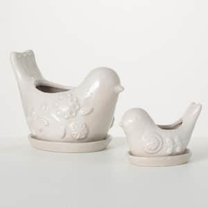 4 in. and 7.5 in. White Raised Floral Bird Porcelain Planter (Set of 2)