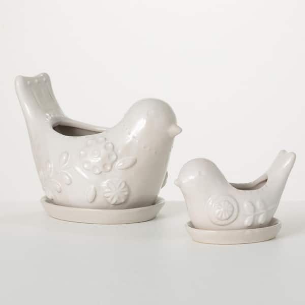 SULLIVANS 4 in. and 7.5 in. White Raised Floral Bird Porcelain Planter (Set of 2)