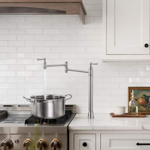 Deck Mount Pot Filler Faucet, Solid Brass Pot Filler with Double Stretchable Joint Swing Arm in Brushed Nickel