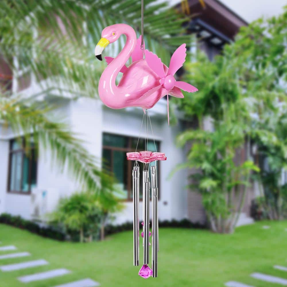 Large Pink Flamingo Wind Chime with Spinning Wings