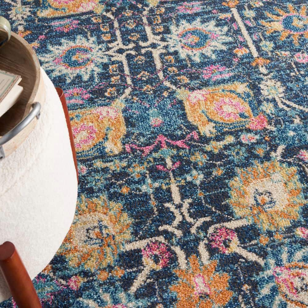 Bohemian Navy Floral Round Synthetic Area Rug - 5'3"