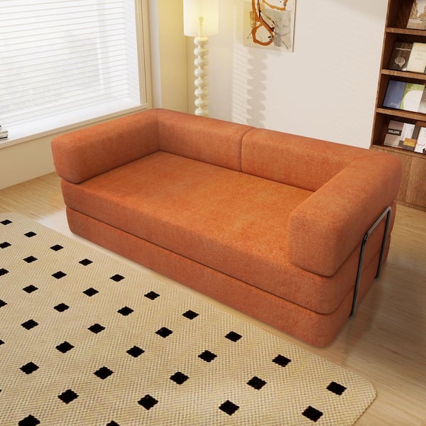 83 in. Modern Orange Corduroy 3 Seat Convertible Sleeper Sofa Bed With Cylindrical Pillow And Fixed-Shape Frame