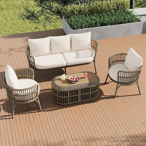 4-Piece Wicker Outdoor Patio Conversation Set with Beige Cushions and Coffee Table for Porch, Backyard and Garden
