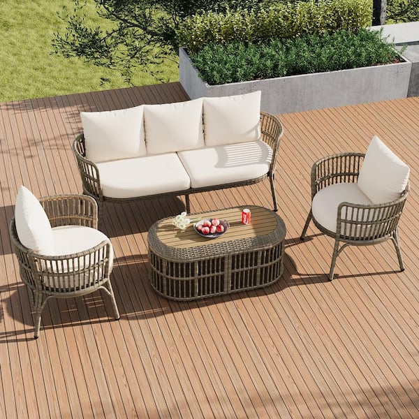 Zeus & Ruta 4-Piece Wicker Outdoor Patio Conversation Set with Beige Cushions and Coffee Table for Porch, Backyard and Garden