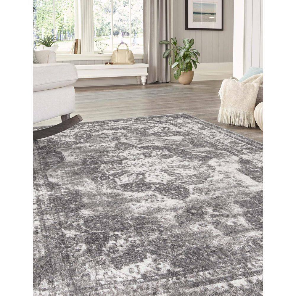 Reversible Easy-Care Gray Synthetic Rectangular Rug