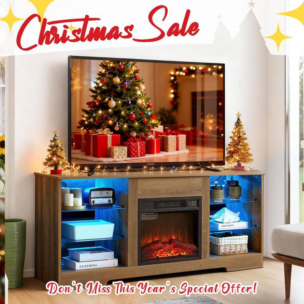 58 in. W Freestanding Wooden with LED Lights and USB Charging Outlet 3D Electric Fireplace TV Stand in Oak price history on PriceWatchPro
