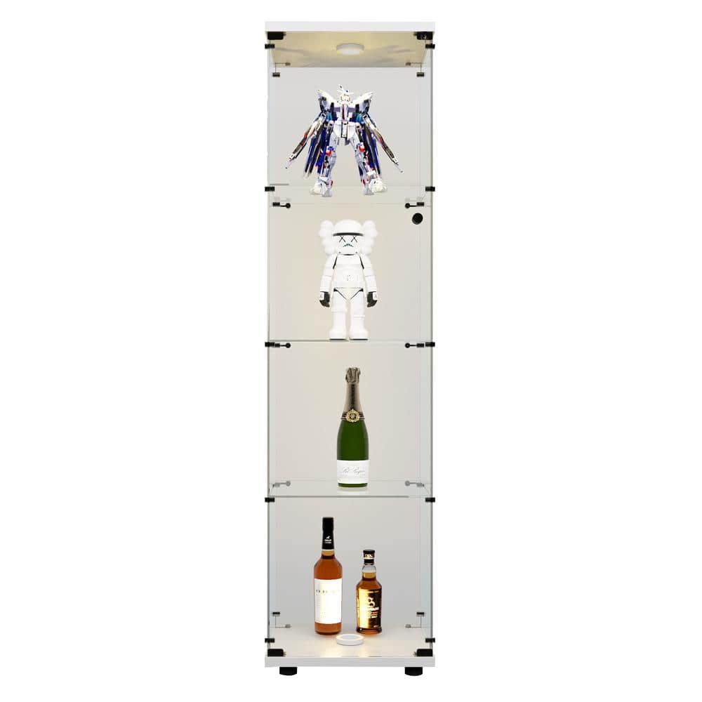 White 17 in. x 65 in. 4-Tier LED Lights Glass Display Cabinet Decorative Bo