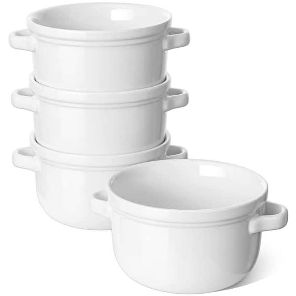 4-Piece White Ceramic Soup Bowls with Handles Silicone Lids Oven Microwave Dishwasher Safe Kitchen Set with Lids
