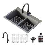 QT- 810 qt. 33 in. 50/50 Double Bowl Drop-In Kitchen Sink in Grey with Faucet in Matte Black